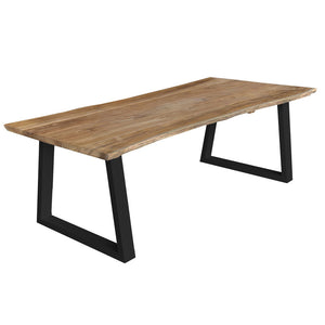 Premium outdoor teak rectangular dining table, contemporary live edge detailing, slatted design, bold black aluminum legs at each end in squared u shape 