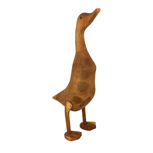 Whimsical indoor/outdoor teak duck, clean hand crafted look, standing upright with beak tilted up