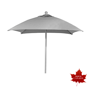 Premium outdoor 6’ square parasol umbrella, one piece aluminum pewter coloured pole, , canopy slides up and pops in place. Sunbrella fabric canopy
