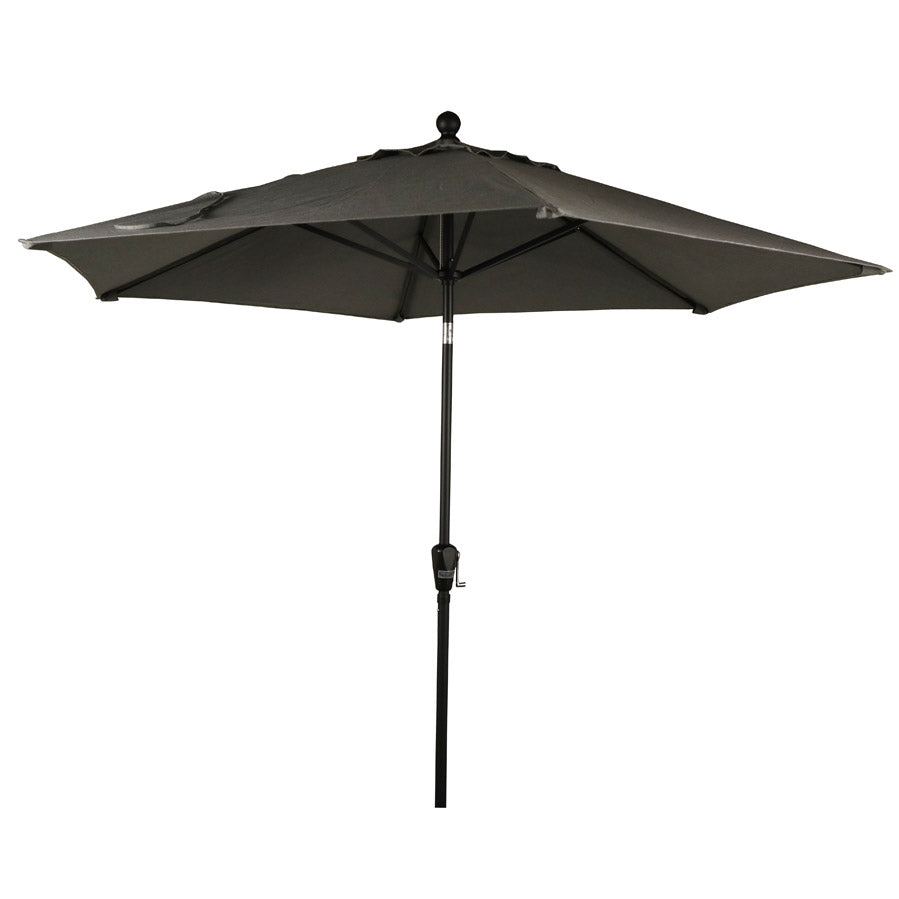 Premium transitional 9’ octagonal market umbrella, black aluminum pole, auto tilt, crank handle to open, Sunbrella fabric canopy