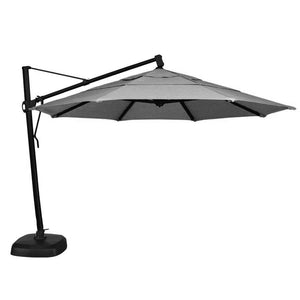Premium transitional 11’ Cantilever octagon umbrella, 360 degree rotation and up to 54 degree tilt, modern black frame, Sunbrella fabric canopy , black square base