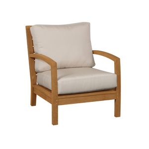 Transitional  teak chair, curved arms, horizontal teak slat back, deep ivory back and seat cushion