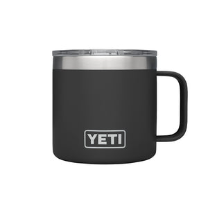 Yeti 14oz stainless steel Rambler mug with handle, clear Magslider drinking lid included, black Duracoat colour