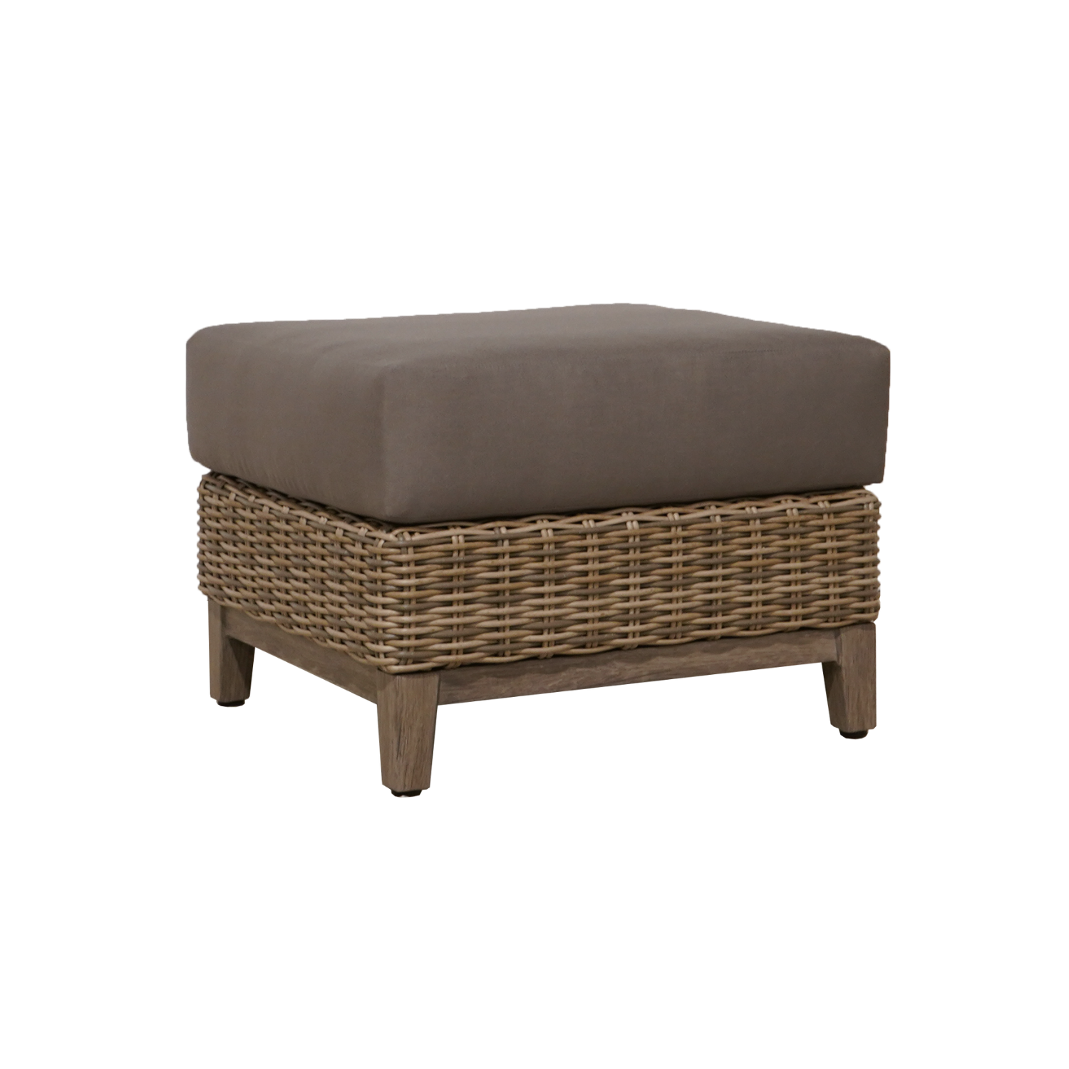 Premium outdoor resin wicker weave square ottoman, deep cushion, muti-tone driftwood colour, aluminum salvaged lumber look base and legs, contemporary transitional look