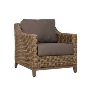 Premium outdoor resin wicker weave arm chair, deep seat and back cushions, muti-tone driftwood colour, curved arms and aluminum salvaged lumber look base and legs, contemporary transitional look