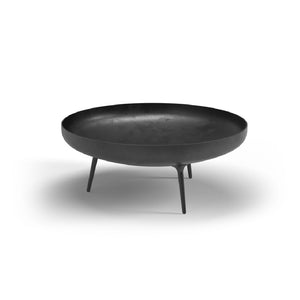 Premium luxury free standing outdoor steel fire bowl, three thin tapered legs, modern shallow bowl