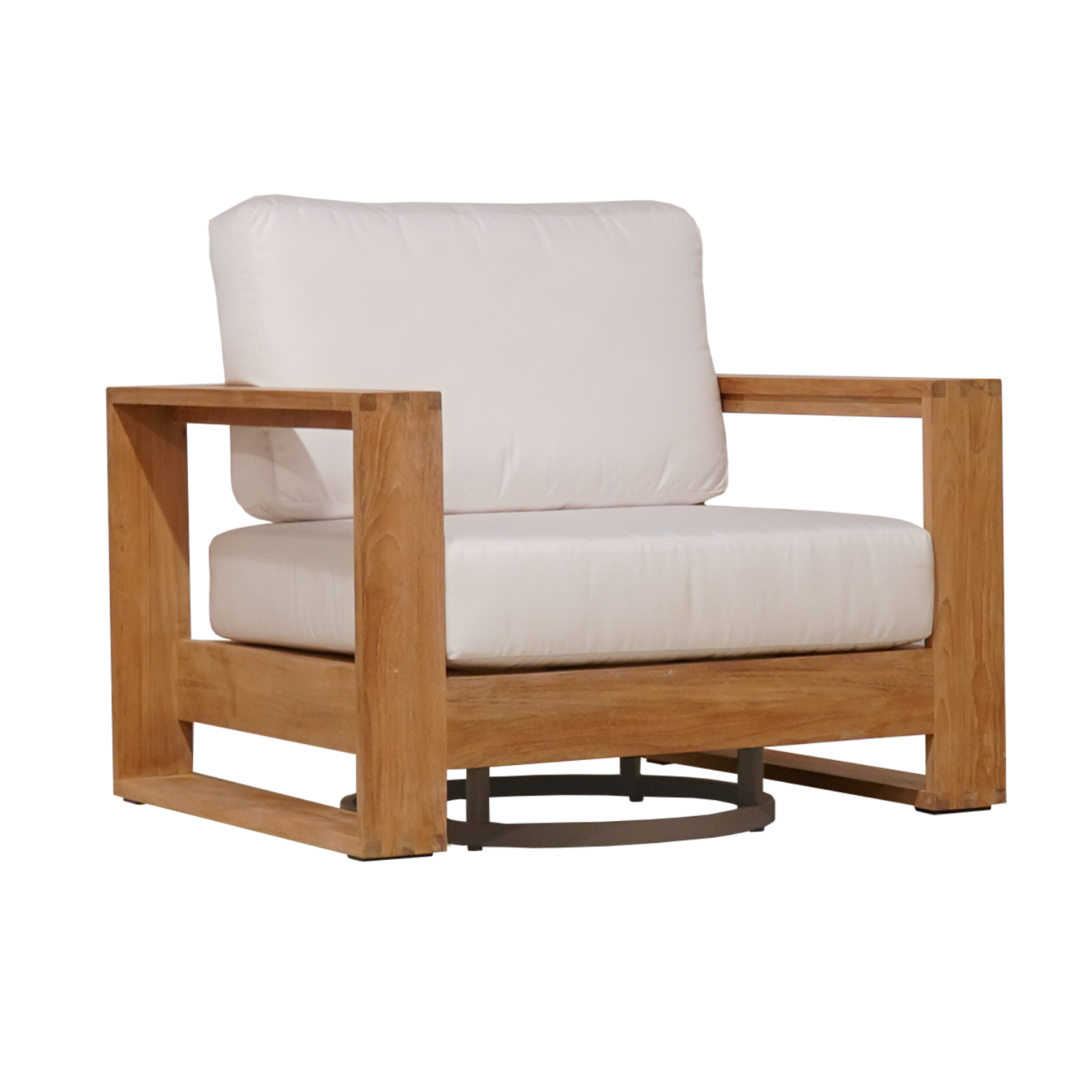 Contemporary premium outdoor square teak club chair, crate style frame, low profile, deep seat and back cushions, open sides, round swivel base