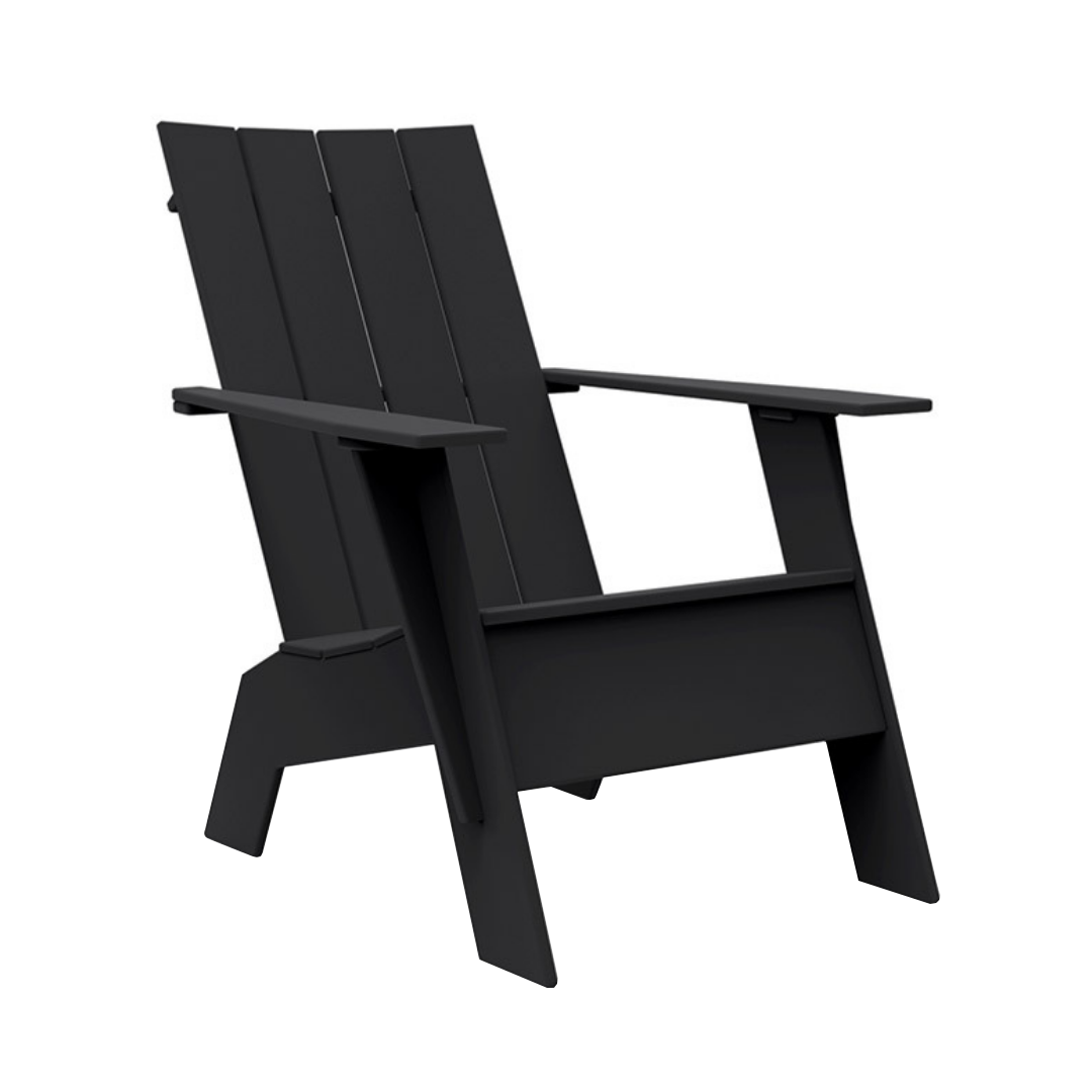 Outdoor, black contemporary high back tall Adirondack style polymer lounge chair, 4 oval openings on back, angular arms, legs and seat, horizontal slat back, angular arms, legs and seat