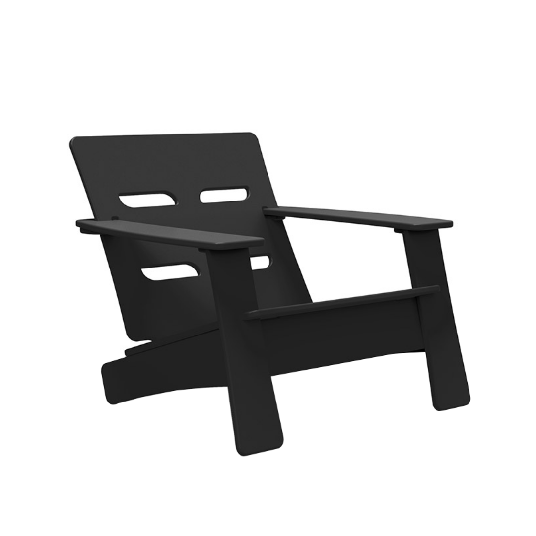 Outdoor, black contemporary Adirondack style polymer lounge chair, 4 oval openings on back, angular arms, legs and seat