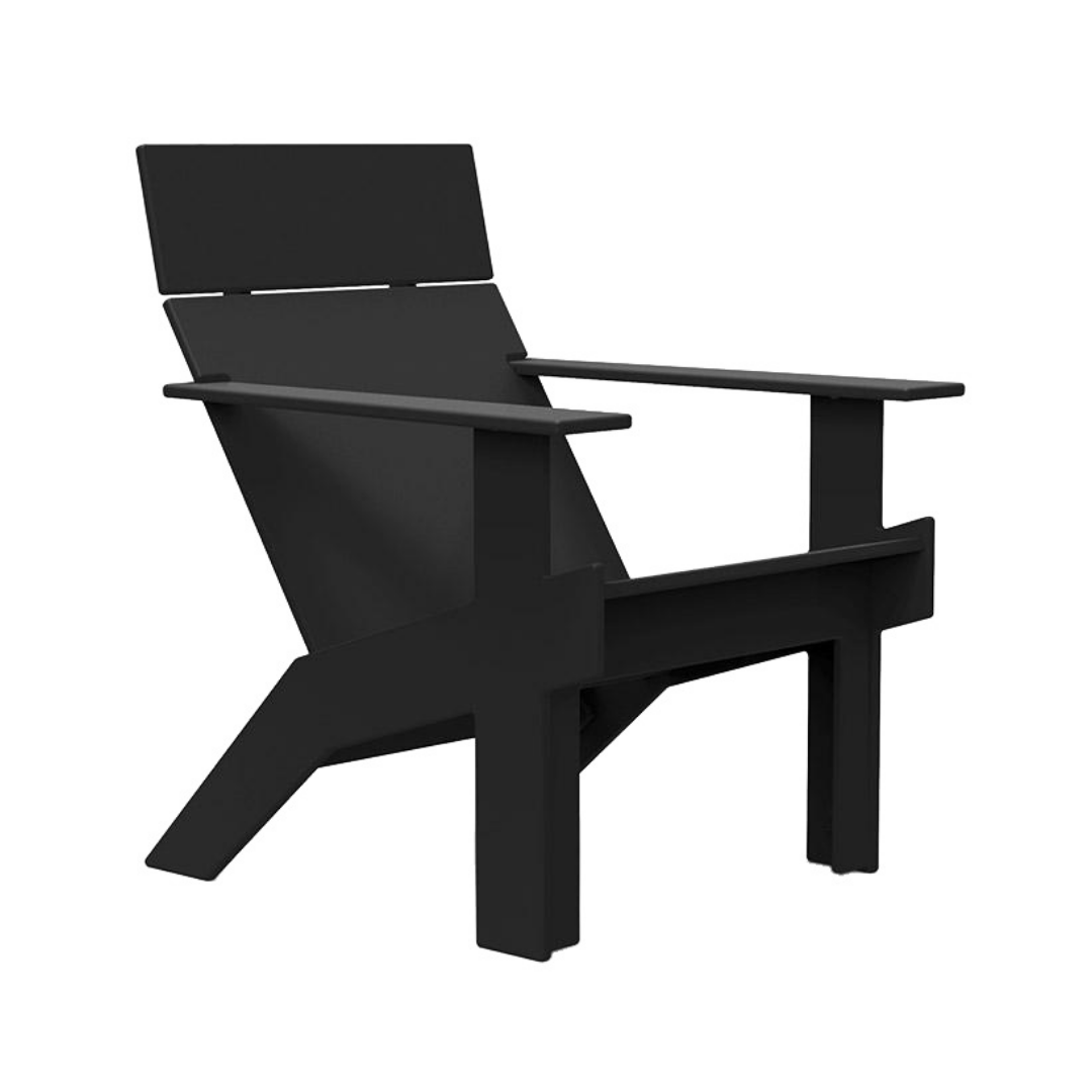 Black outdoor contemporary Adirondack style polymer high back lounge chair, angular arms, legs and seat