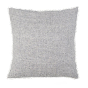 Premium square Belgian linen pillow, down filling, white and soft blue denim stripes, fringe along edges