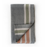 Premium Italian 100% linen bath or beach towels, warm grey colour with bands of cream, orange  and moss green, light weight