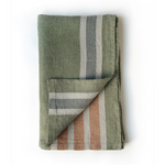 Premium Italian 100% linen bath or beach towels, warm moss green colour with bands of cream, orange  and grey, light weight