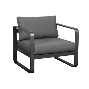Transitional aluminum outdoor club chair, curved open arms, square frame, deep back and seat cushion in choice of Sunbrella fabric