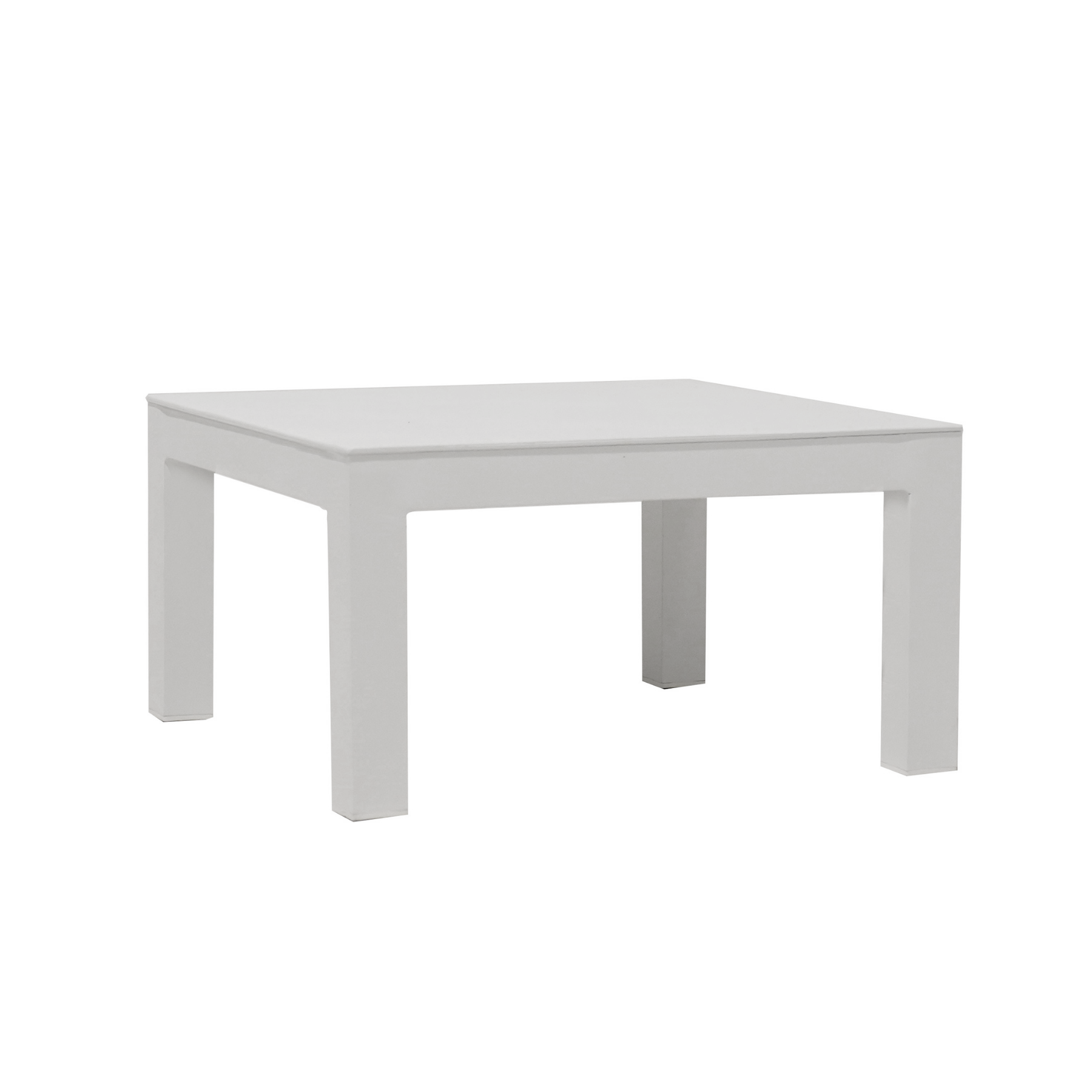 outdoor aluminum table in white finish, low profile, simple clean lines, allows it to slide under your chaise, light, durable