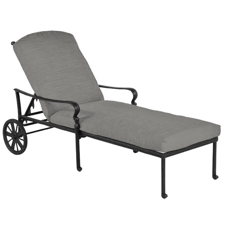 Traditional outdoor chaise lounge, plush cushions, aluminum frame, curved open arms, large wheels, multiple incline positions