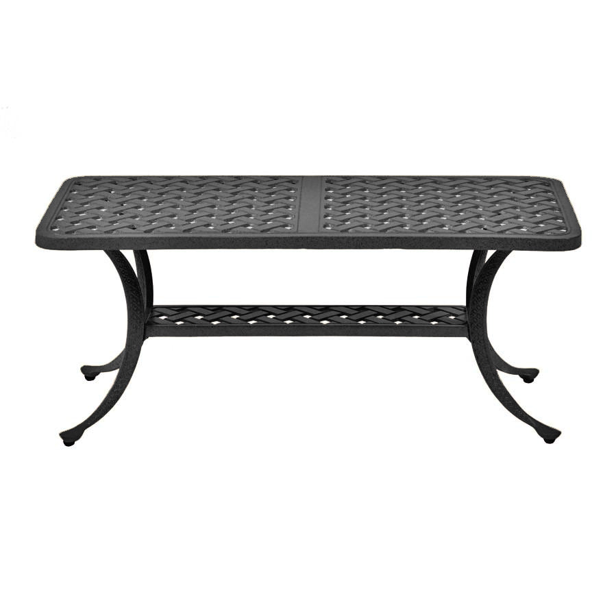 Traditional outdoor cast aluminum rectangular cocktail table, basket weave pattern on top, curved legs