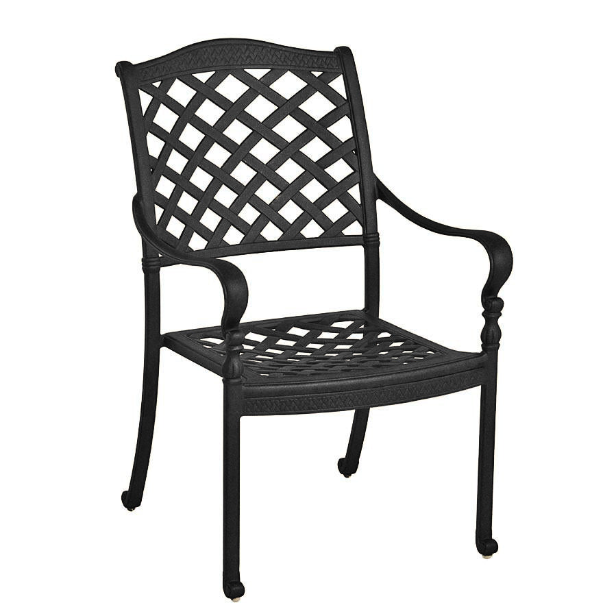 Traditional outdoor cast aluminum dining armchair, curved arms, open classic crisscross pattern on back and seat