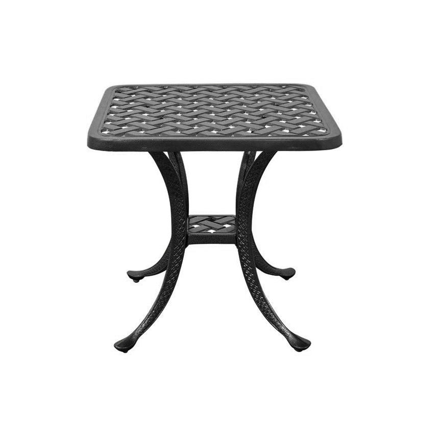 Traditional outdoor cast aluminum square tea table,  basket weave pattern on top, curved legs