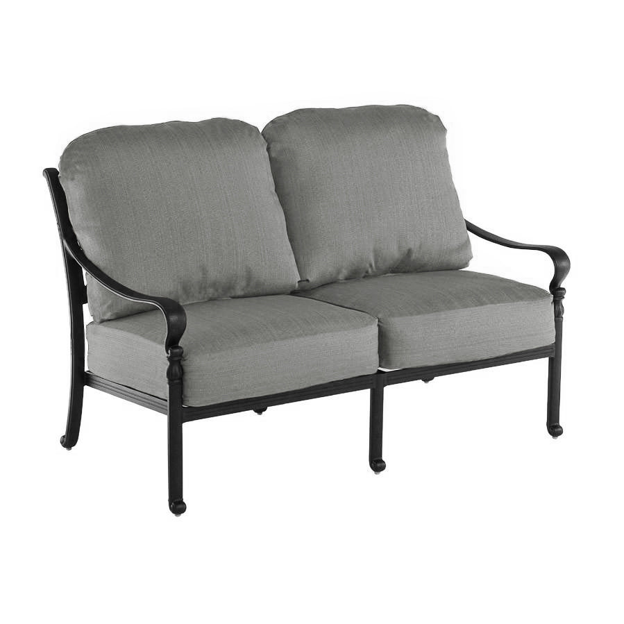 traditional high back loveseat, curved open arms, deep seat and back cushion, criss cross pattern on back of loveseat, open legs