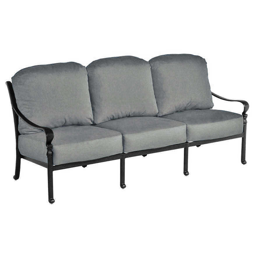 traditional high back sofa curved open arms, deep seat and back cushion, criss cross pattern on back of sofa, open legs