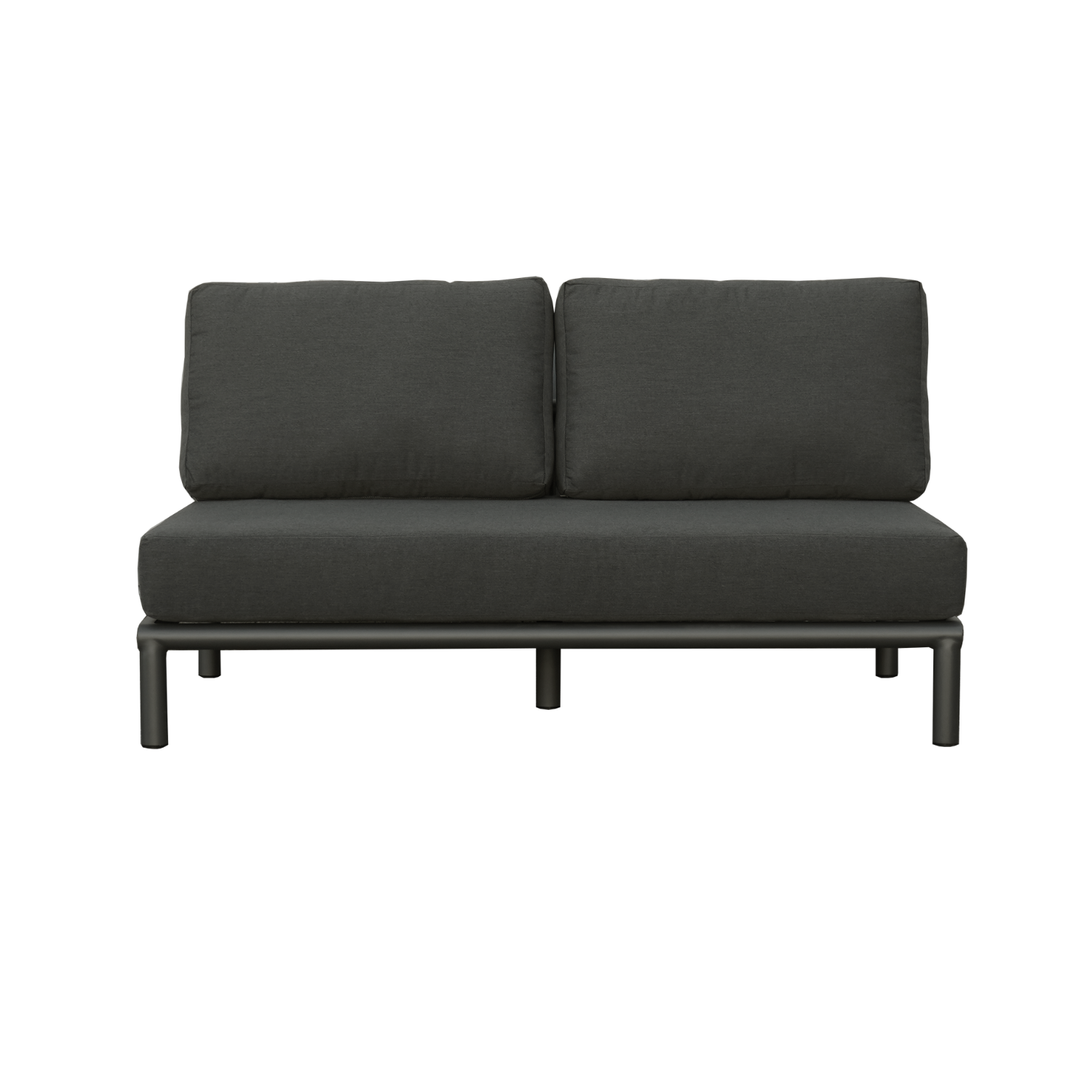 Oxford contemporary outdoor armless settee with charcoal finish and pebble grey cushions