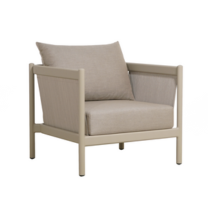 Perennial outdoor aluminum lounge chair with taupe finish and warm grey side panels and cushion