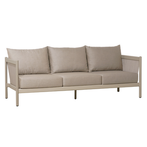 Perennial outdoor aluminum 3 seat sofa with taupe finish and warm grey side panels and cushion