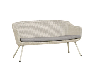 transitional synthetic wicker weave barrel style bench with single bench cushion, exposed  legs