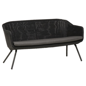 transitional synthetic wicker weave barrel style bench with single bench cushion, exposed  legs