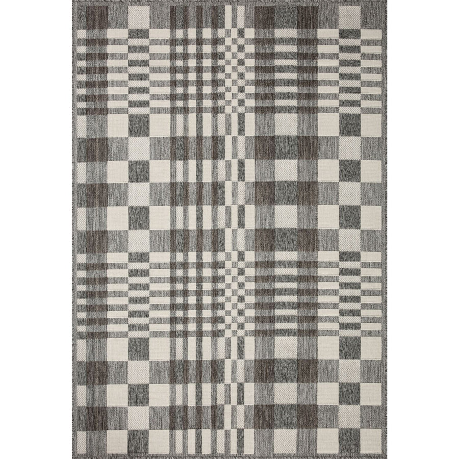 Premium indoor/outdoor contemporary rug, neutral warm grey/brown and ivory tones, polypropylene pile , plaid pattern
