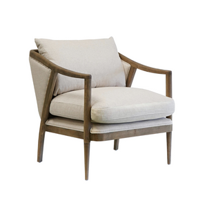 Premium transitional accent chair, luxurious cream linen upholstery , deep back and seat cushion, oak wood frame and open arm rests, modern tapered wood legs, curved upholstered back