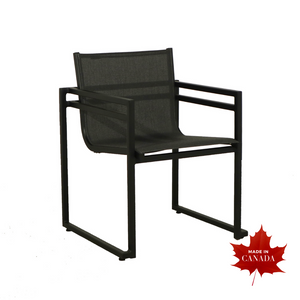 contemporary straight lined aluminum sling dining chair, stackable, continuous sling seat, open arms, square frame