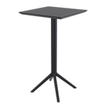 Contemporary indoor/outdoor black polypropylene bar table, single leg branches out to four feet, perforated mesh style square top, table top folds flat