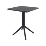 Premium transitional outdoor 24” square recycled polypropylene folding bistro dining table, chunky black tubular base with four pronged legs, perforated top, simple clean design