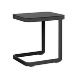 contemporary  outdoor aluminum end table in charcoal finish, open on one end to extend over low seating or chaise. simple clean lines, light, durable