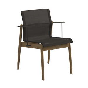 Premium contemporary Danish style teak framed arm chair, curved mesh sling fabric, modern aluminum open arms