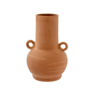 Large primitive unglazed terracotta sculptural vase, two small round handles, cylindrical straight top half and bulb shaped bottom