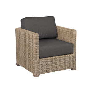 Transitional soft driftwood brown all weather narrow weave square club chair, aluminum frame, deep back and seat cushion, full weave sides, back and front, no open legs