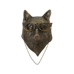 whimsical bronzed fox head mount, sporting glasses attached to a chain