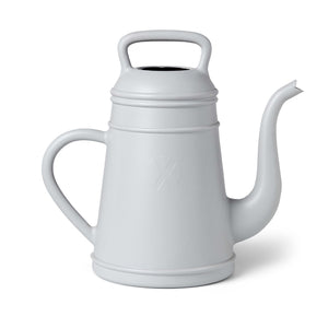Light Grey recyclable indoor/outdoor watering can in the shape of tradtional coffee pot, handle at side and top with a curved spout