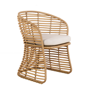 Unique premium shell shaped sculptural dining chair, natural coloured polyethylene weave, curved back, horizontal open weave pattern, deep Sunbrella seat cushion in neutral soft beige colour