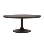 Premium contemporary trumpet style cocktail table, oval beveled table top, round base, refined deep graphite colour, mid century influenced design