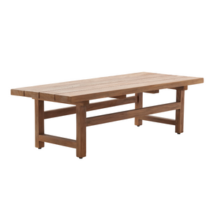 Transitional outdoor rectangular teak coffee table, modern farmhouse style, slatted top, square legs