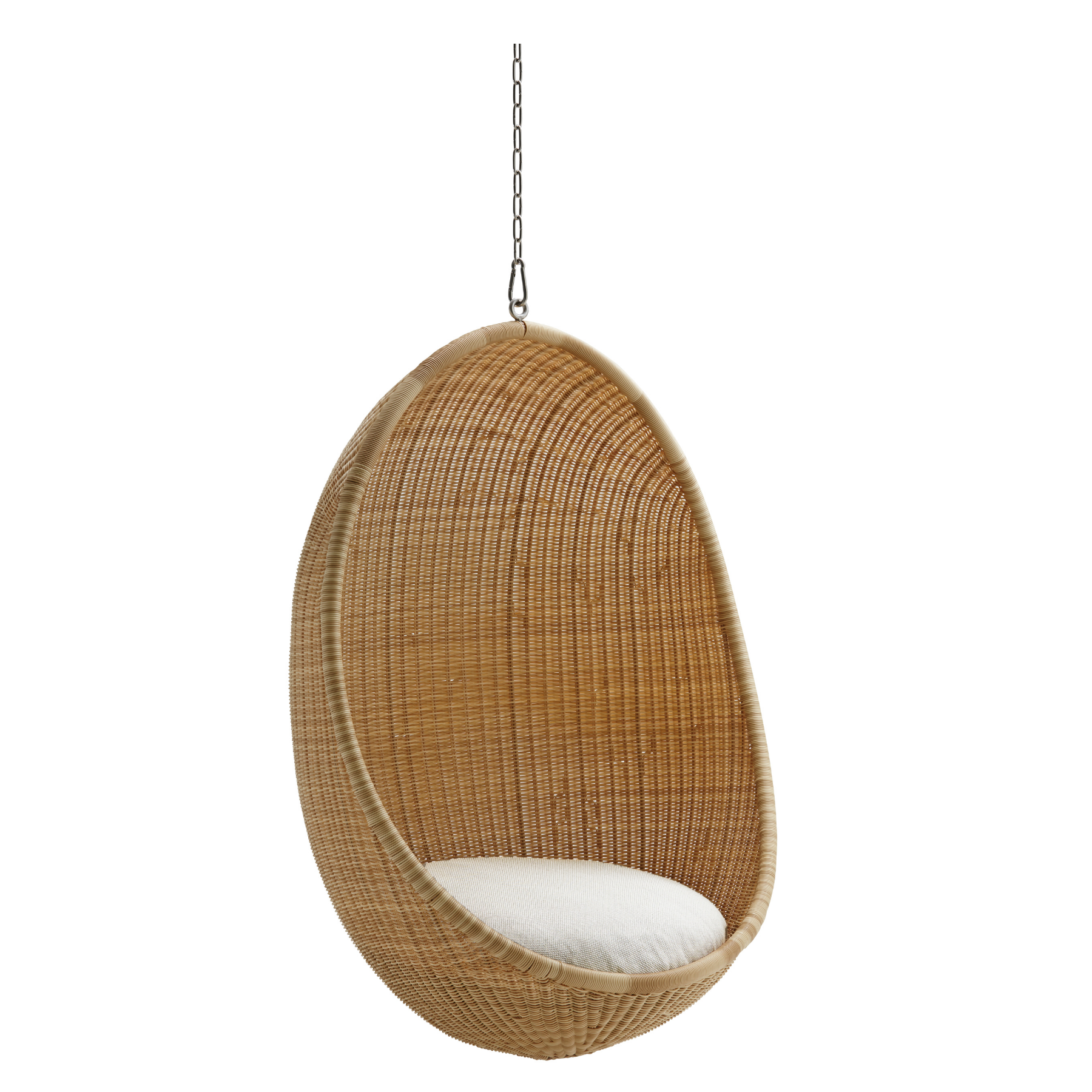 Premium indoor/outdoor hanging egg chair, natural coloured synthetic fiber weave, ivory seat cushion, classic tight weave pattern, open curved shape