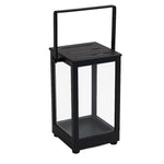 Premium indoor/outdoor aluminum candle holder, clean sleek lines, square articulating handle, vented on top, glass sides, black colour