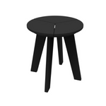 Black outdoor round topped end table, all weather recycled polymer, contemporary style, four angled tapered legs