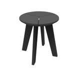 Charcoal outdoor round topped end table, all weather recycled polymer, contemporary style, four angled tapered legs