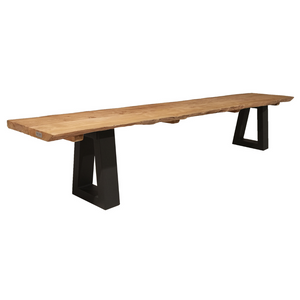 Premium contemporary outdoor live edge teak bench , black wide angular aluminum legs at ends of bench