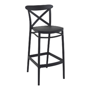 Indoor/outdoor black bar stool made from recycled plastic with a farmhouse style cross back detail